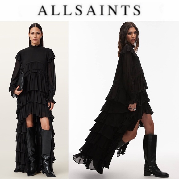 ALL SAINTS CAVARLY TIERED RUFFLE MAXI DRESS BLACK SZ 0 NWT 490$